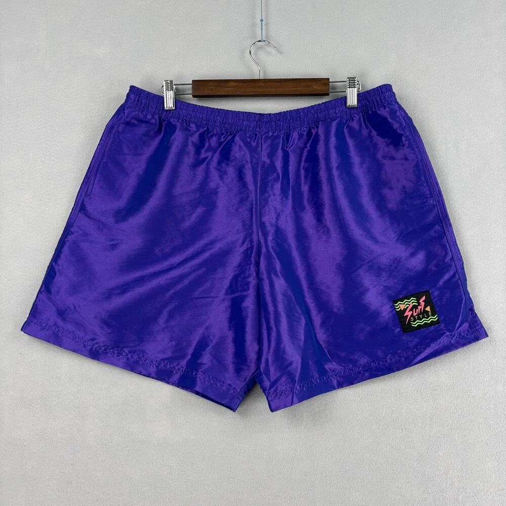 Surf Style Shorts Mens 2XL Purple Swim Trunks Mesh Lined Drawstring Neon Patch